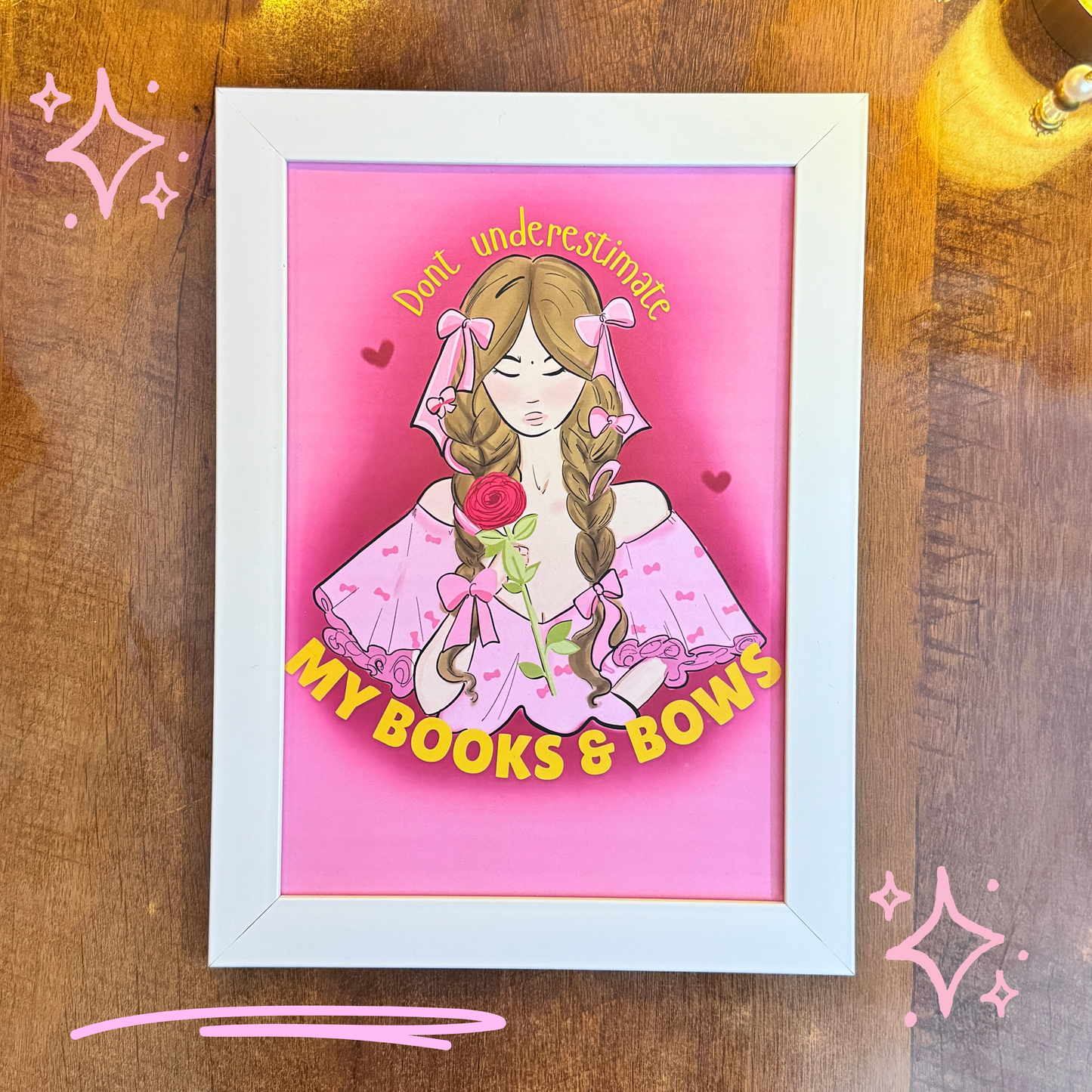 Don't Underestimate My Books & Bows  | A4 Framed Poster | Coquette | White Frame|