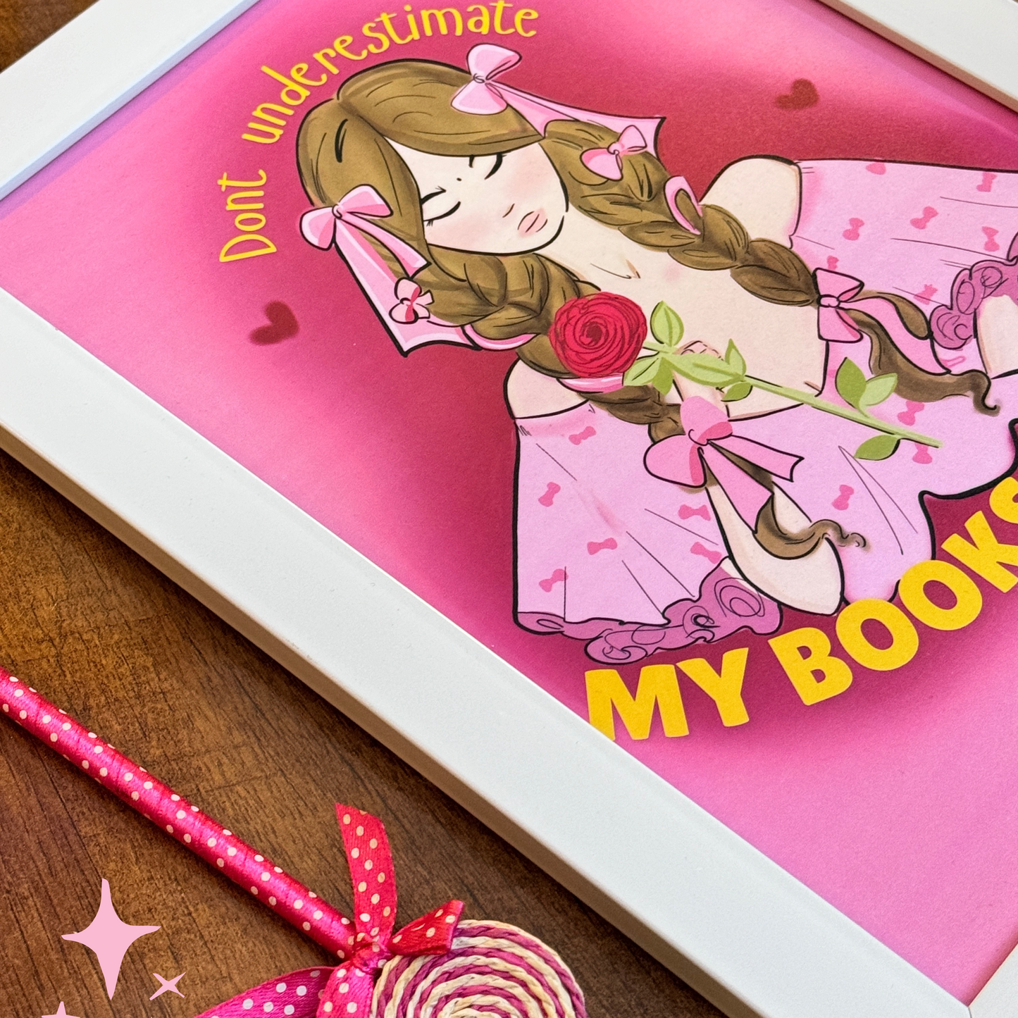 Don't Underestimate My Books & Bows  | A4 Framed Poster | Coquette | White Frame|